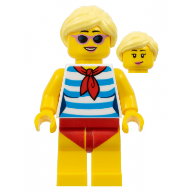 ludo yellow - female dark azure and white striped shirt with red scarf yellow legs with red swimsuit bright light yellow ponytail sunglasses