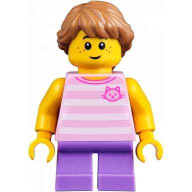 child - girl bright pink striped shirt with cat head medium lavender short legs medium nougat braided hair