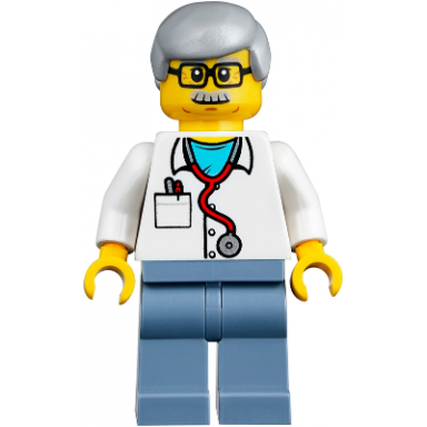 veterinarian dr jones with light bluish gray hair glasses red stethoscope and sand blue legs