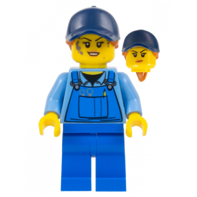 mechanic - female blue overalls over medium blue shirt blue legs dark blue cap with dark orange ponytail back print