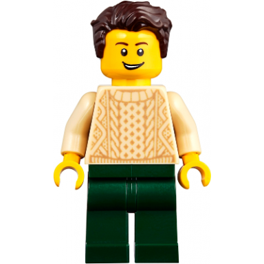 man with dark brown hair tan sweater and dark green legs