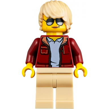 woman dark red jacket with bright light blue shirt tan legs tan tousled hair sunglasses