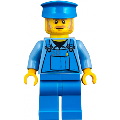 mechanic - male blue overalls over medium blue shirt blue legs blue police hat dark tan moustache and sideburns no back print