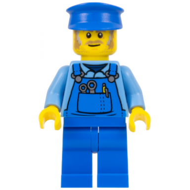 mechanic - male blue overalls over medium blue shirt blue legs blue police hat dark tan moustache and sideburns back print
