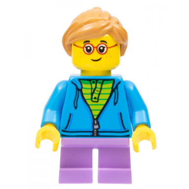 child - girl dark azure hoodie medium lavender short legs medium nougat ponytail hair glasses freckles