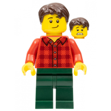 man red plaid flannel shirt dark green pants dark brown hair