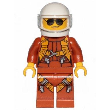 pilot - dark orange jumpsuit dark orange legs with straps white helmet trans-clear visor black and silver sunglasses