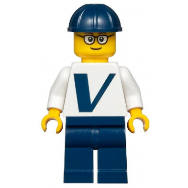 male with vestas logo on torso dark blue legs dark blue construction helmet glasses