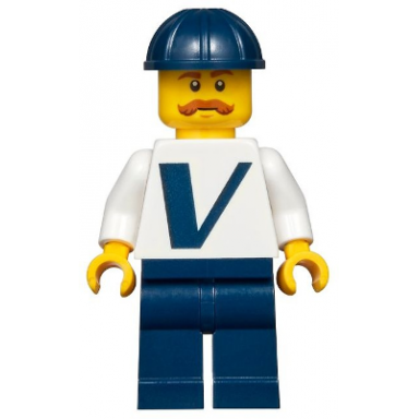 male with vestas logo on torso dark blue legs dark blue construction helmet moustache
