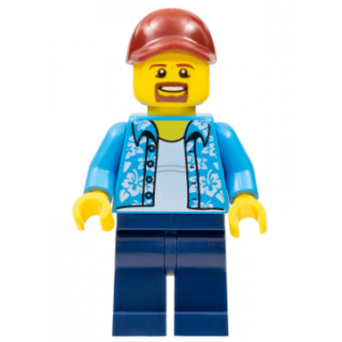 man with hawaiian shirt dark blue legs dark red cap