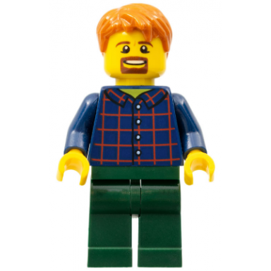 man with plaid button shirt dark green legs dark orange hair