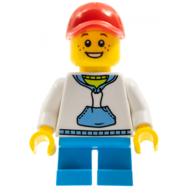 child - boy white hoodie with medium blue pocket dark azure short legs red cap freckles