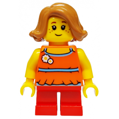 child - girl orange halter top with flowers and high back red short legs medium nougat hair freckles