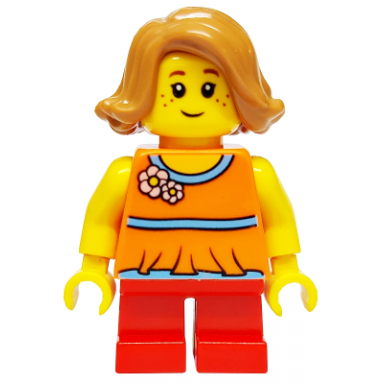 child - girl orange halter top with flowers and low back red short legs medium nougat hair freckles
