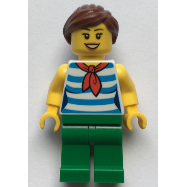fairground carousel rider - female dark azure and white striped shirt with red scarf green legs reddish brown ponytail