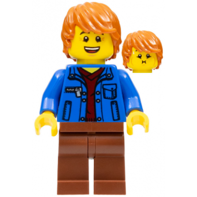 male with blue jacket over dark red v-neck sweater and reddish brown legs