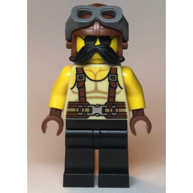 man tan tank top black moustache reddish brown suspenders and aviator cap with dark bluish gray goggles