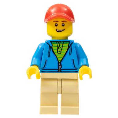 man dark azure hoodie with green striped shirt tan legs red cap