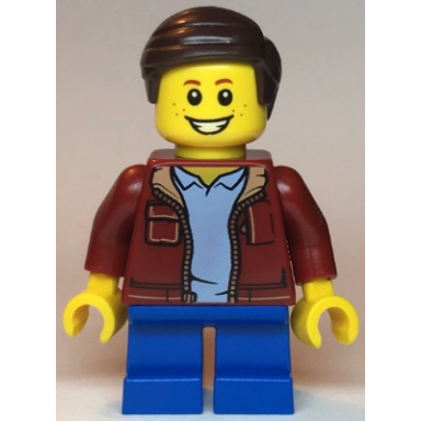 child - boy dark red jacket blue short legs dark brown hair freckles