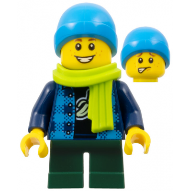 child - boy flannel vest over shirt with banana dark green short legs dark azure beanie freckles lime scarf