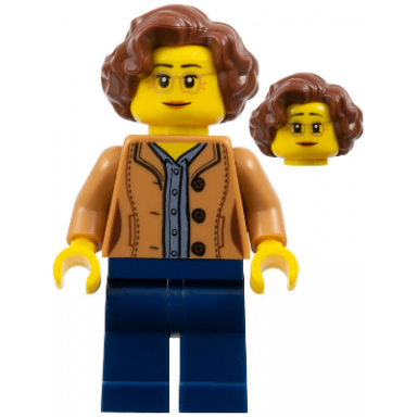 female short reddish brown hair medium nougat glasses and shirt dark blue legs