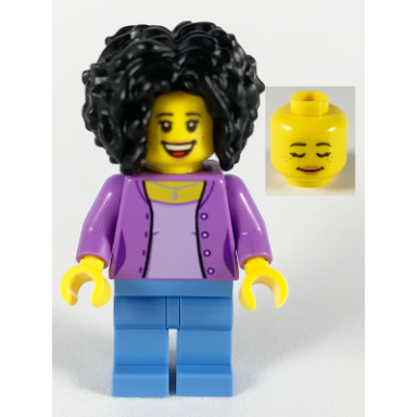 female bushy black hair medium lavender jacket on lavender shirt medium blue legs