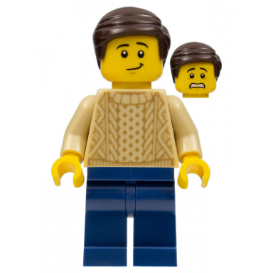 male with tan knit sweater dark blue legs and dark brown hair