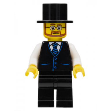 haunted house butler - male black vest with blue striped tie black legs black top hat glasses and beard