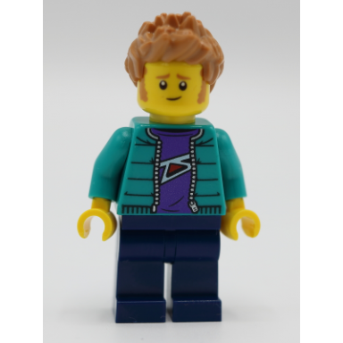 male with purple shirt dark turquoise jacket dark blue legs and medium nougat hair