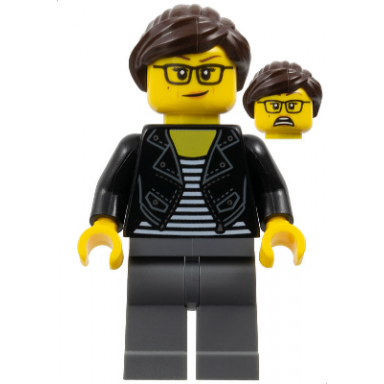 female with striped black and white shirt black jacket dark bluish gray legs dark brown hair
