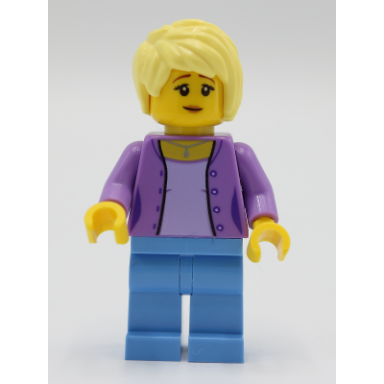female with medium lavender jacket medium blue legs bright light yellow hair