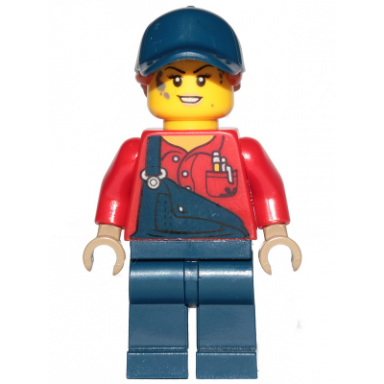 female mechanic with dark blue overalls and legs dark orange ponytail with dark blue ball cap