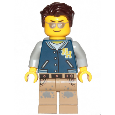 male driver with dark blue jacket dark tan legs with dark bluish gray splotches dark brown hair