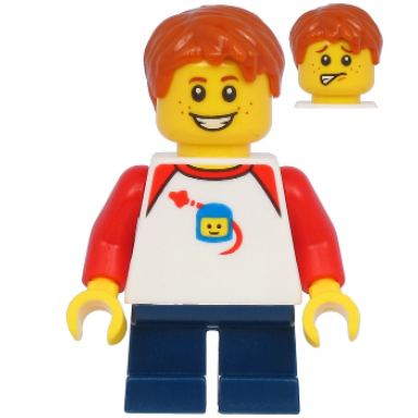 boy with classic space shirt with red sleeves dark blue short legs dark orange hair