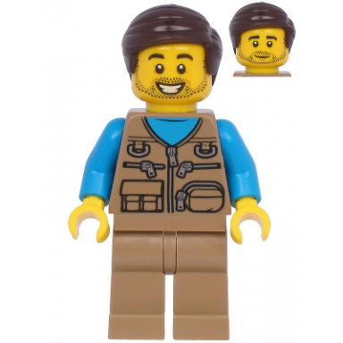male with dark tan vest over dark azure shirt dark tan legs dark brown hair