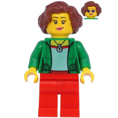 female with green jacket red legs reddish brown hair