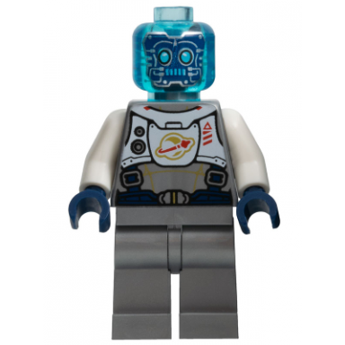 cyber drone robot - flat silver spacesuit with harness and white panel with classic space logo trans-light blue head