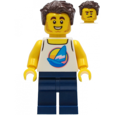 surfer - male white tank top with dark azure sailboat dark blue legs dark brown hair
