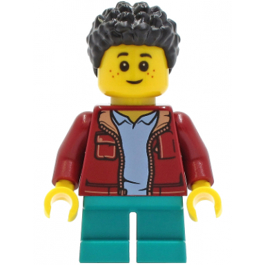 child - boy dark red jacket dark turquoise short legs black short coiled hair freckles
