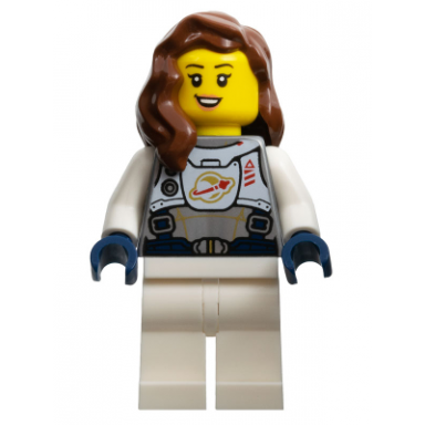 astronaut - female flat silver spacesuit with harness and white panel with classic space logo reddish brown hair