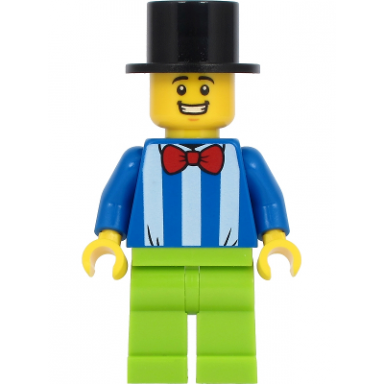 fairground worker - male white stripes and red bow tie lime legs black top hat