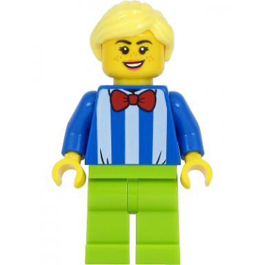 fairground worker - female white stripes and red bow tie lime legs bright light yellow hair
