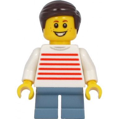 child - boy white sweater with red horizontal stripes sand blue short legs dark brown hair freckles