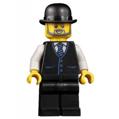 accountant - male black vest with blue striped tie black legs black bowler hat beard