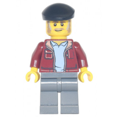 man dark red jacket with bright light blue shirt dark bluish gray legs black beret moustache and sideburns vintage taxi driver