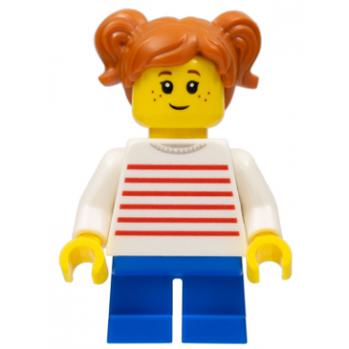 child - girl white sweater with red horizontal stripes blue short legs dark orange hair with pigtails freckles