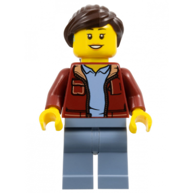 woman dark red jacket with bright light blue shirt sand blue legs dark brown hair