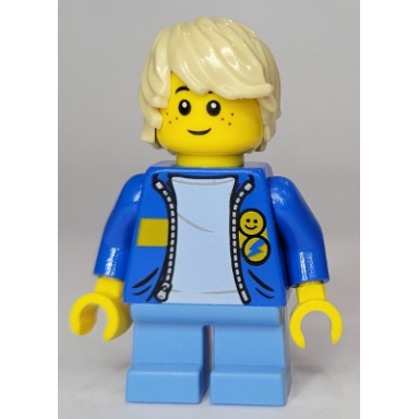 child - boy blue jacket with yellow stripe medium blue short legs tan tousled hair freckles
