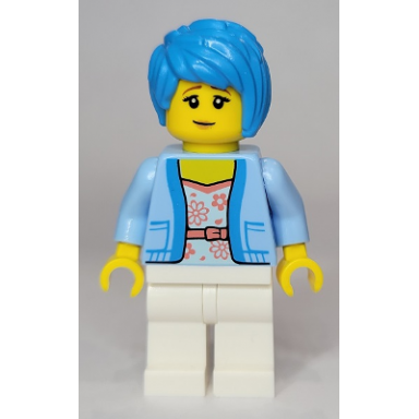 woman - bright light blue jacket over white shirt with coral flowers white legs dark azure tousled hair