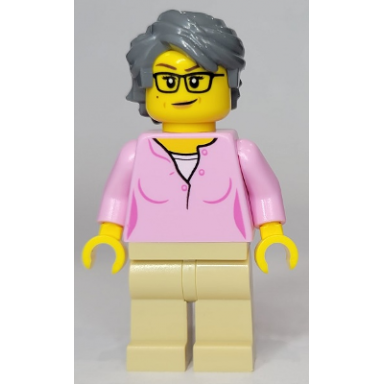 woman bright pink shirt tan legs dark bluish gray swept back tousled hair